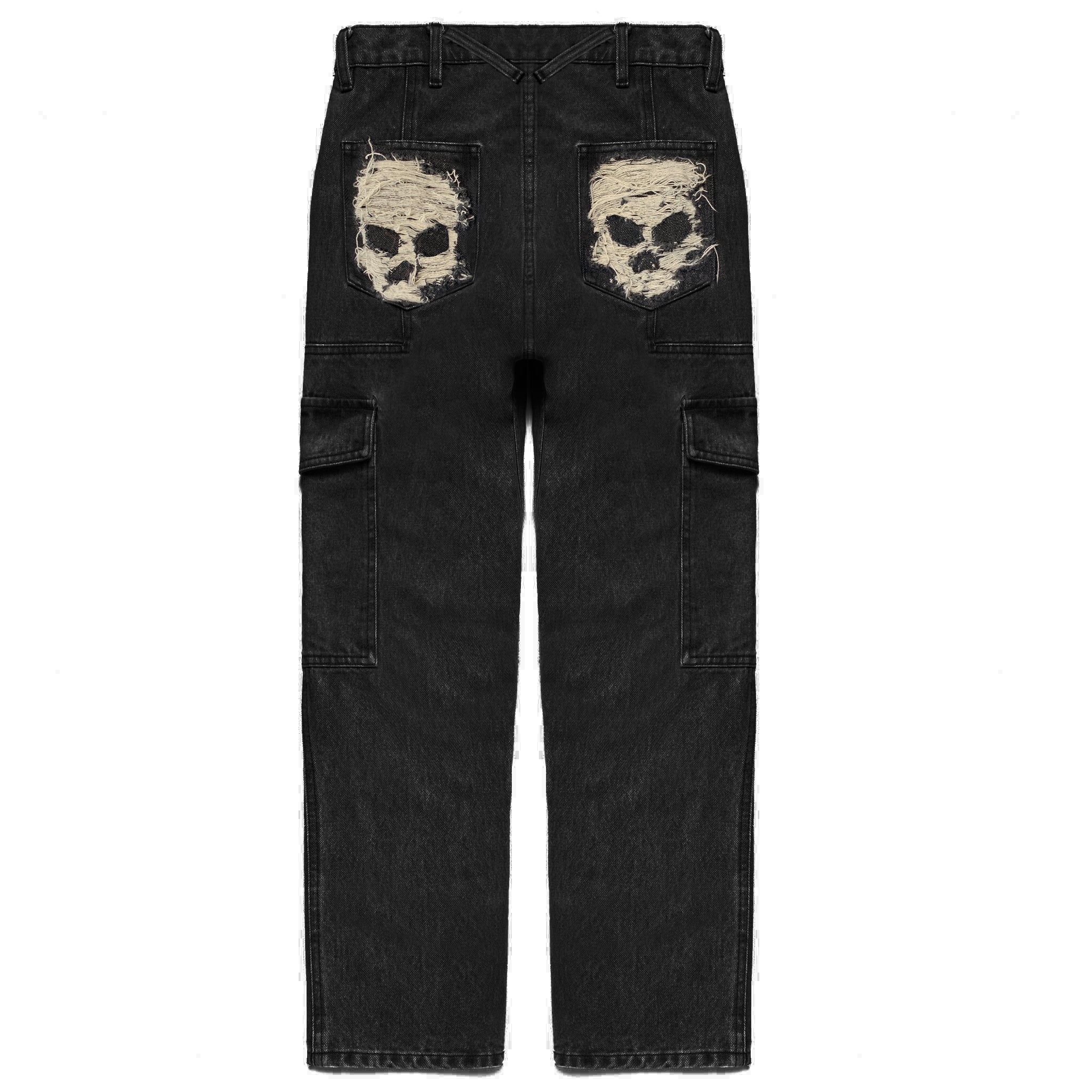 SKULL DISTRESS PANELED CARGO POCKET DENIM PANTS