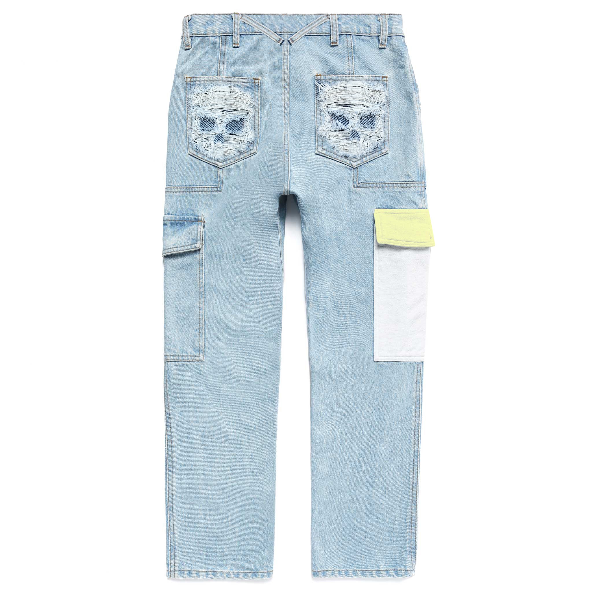 SKULL DISTRESS PANELED CARGO POCKET DENIM PANTS