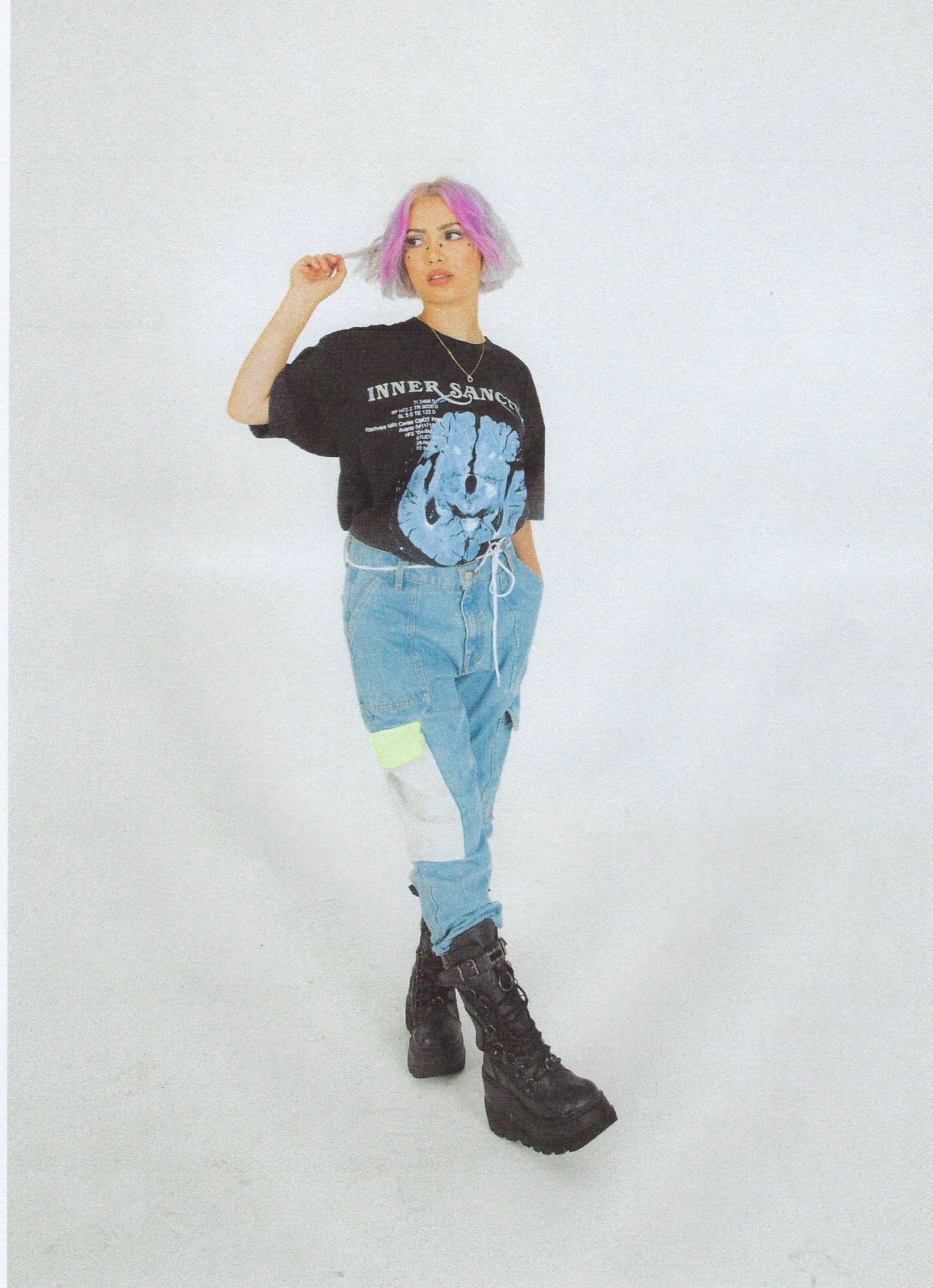 SKULL DISTRESS PANELED CARGO POCKET DENIM PANTS - Image 4
