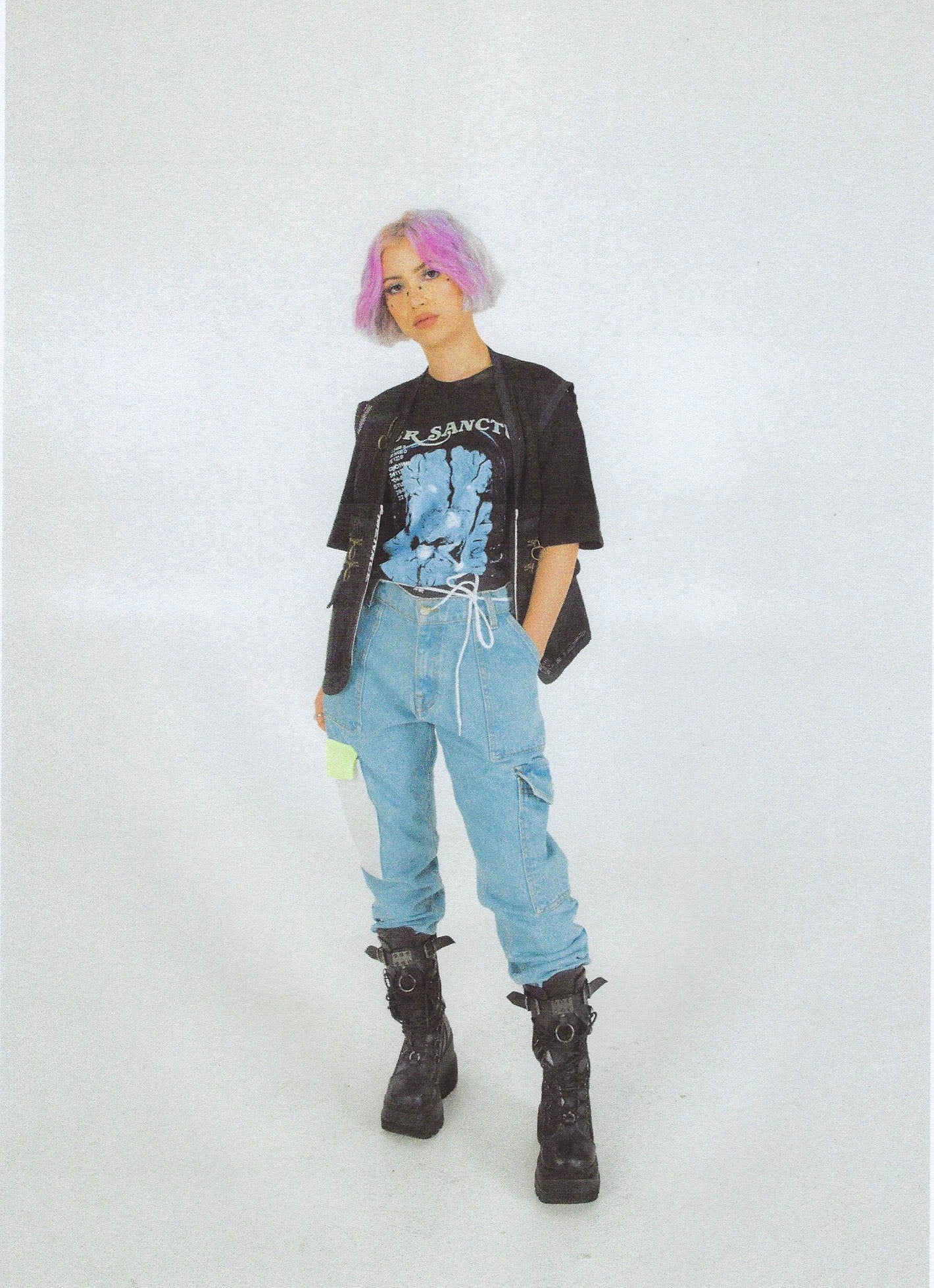 SKULL DISTRESS PANELED CARGO POCKET DENIM PANTS - Image 5